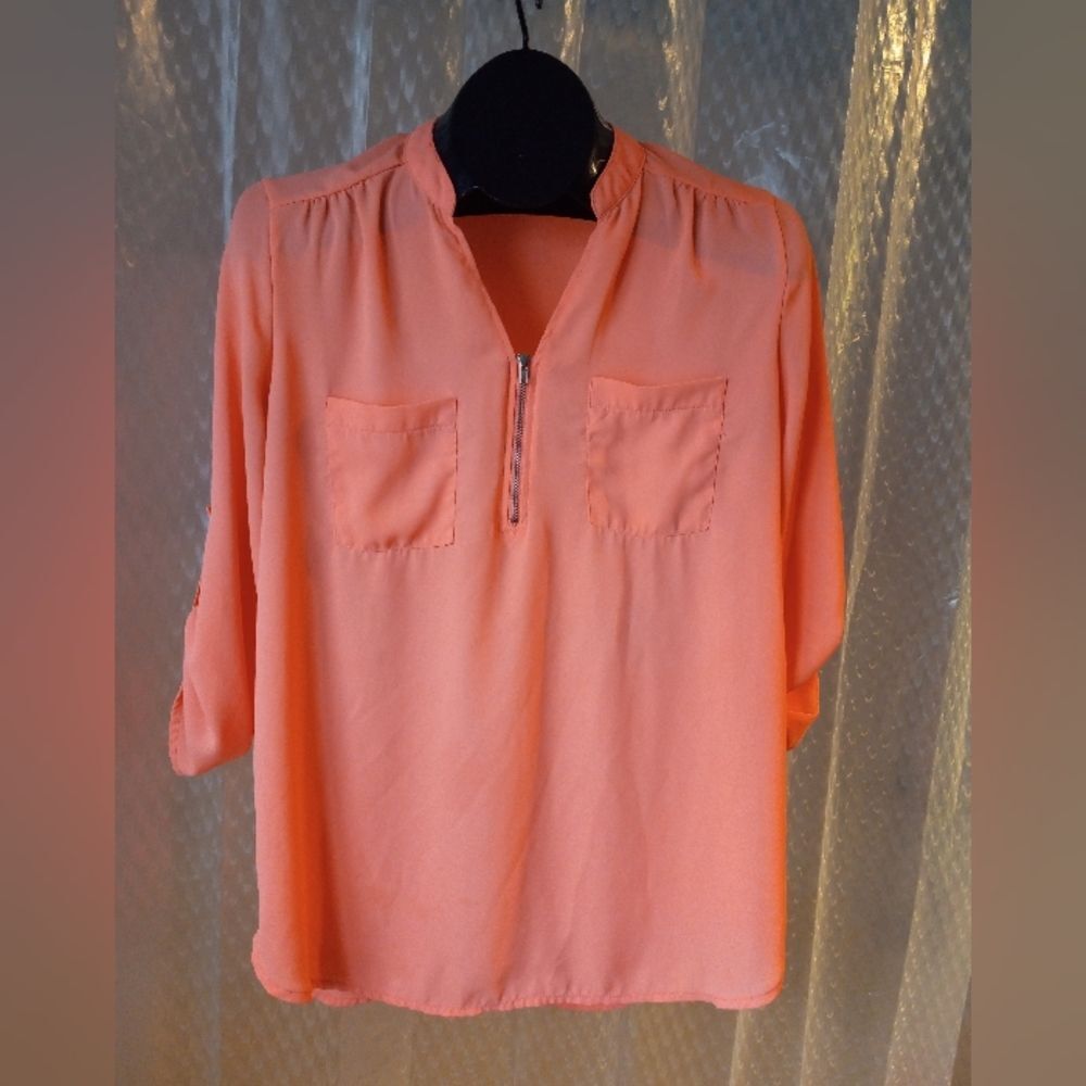 Rue 21 Women Shirt Pink Salmon Flourescent Size S Blouse Top Roll Tab Sleeve